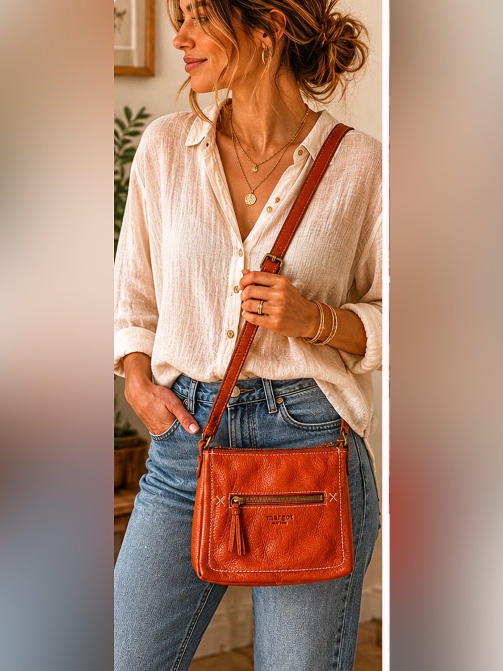 Margot New York Cognac Leather Crossbody Bag Rustic Boho Everyday Purse